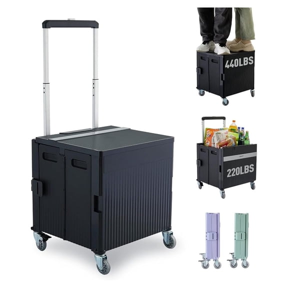 Folding Utility Cart Portable Rolling Crate Handcart Trolley, Collapsible Tool Box with Lid & Wheels - Grocery, Shopping, Office, Camp (Black)