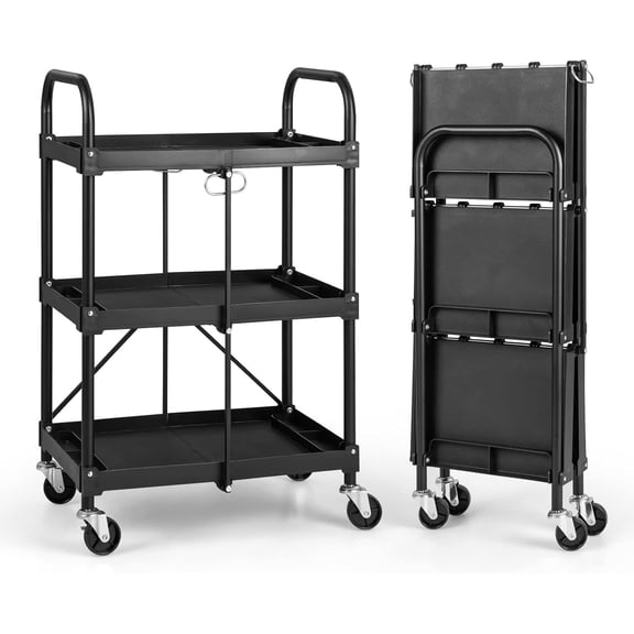Folding Utility Cart on Wheels, 250lbs 3-Tier Rolling Tool Cart w/Lockable Casters & Compartments, Fast Fold up Collapsible Metal Service Cart for Office, Garage, Kitchen, Black