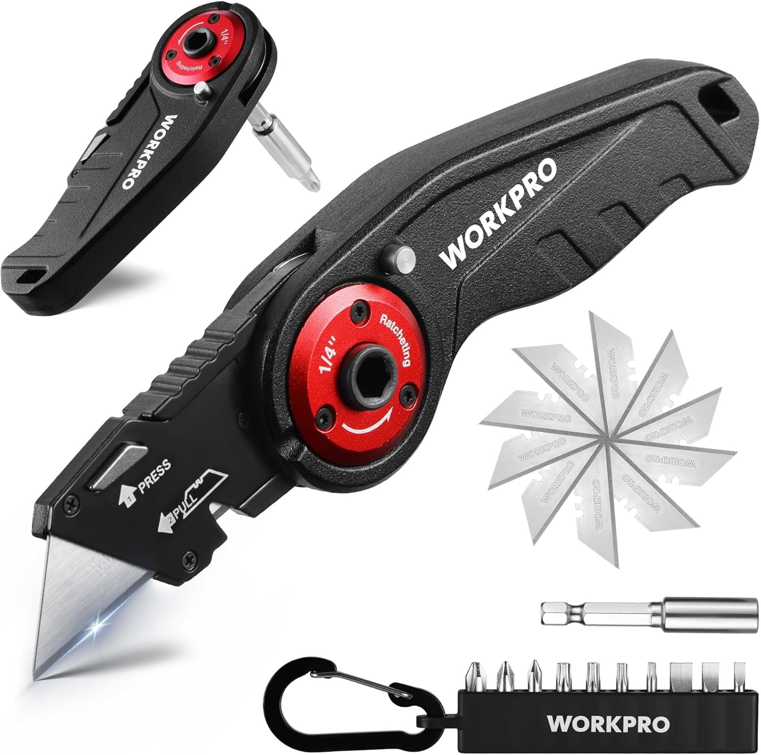 Folding Utility Knife, 2-in-1 Multitool Knife with Ratcheting Screwdriver, Box Cutter Quick Blade Change, EDC Heavy Duty Work Knife with Extra 10 Bit Sets and 5 Blades
