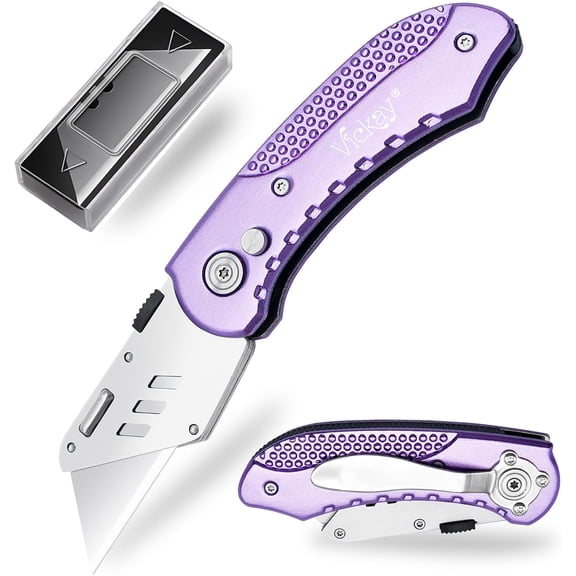 Folding Utility Knife, Box Cutter with 5 SK5 Quick Change Blades, Safety Axis Lock Design Razor Knife, Lightweight Aluminum Handle Belt Clip for Office Home Artcraft Light Purple)