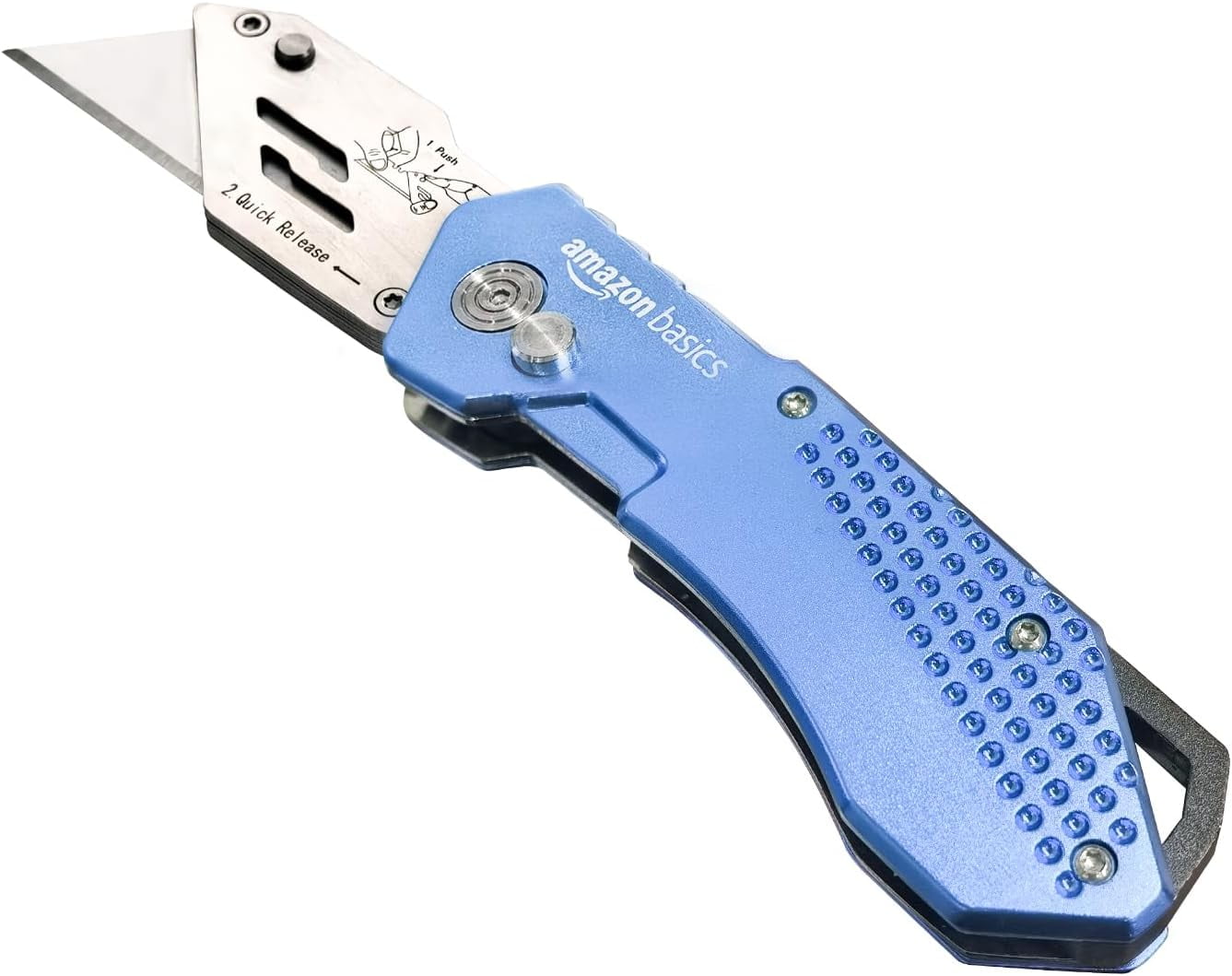 Folding Utility Knife Box Cutter with Locking Mechanism, Quick Change Blade, Lightweight Aluminum Body, Holster, Light Blue
