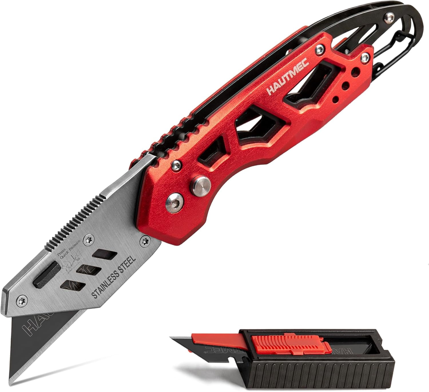 Folding Utility Knife, Heavy Duty Aluminum Box Cutter with Belt Clip & Carabiner, Ergonomic Hollow Design with Non-Slip Matte Finish, Extra 10PCS 2H Blades for Fast-Cutting Tas (HT0263)