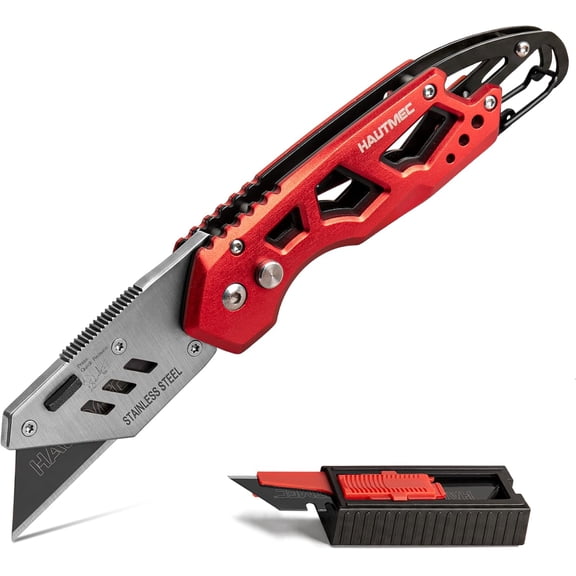 Folding Utility Knife, Heavy Duty Aluminum Box Cutter with Belt Clip & Carabiner, Ergonomic Hollow Design with Non-Slip Matte Finish, Extra 10PCS 2H Blades for Fast-Cutting Tas (HT0263)