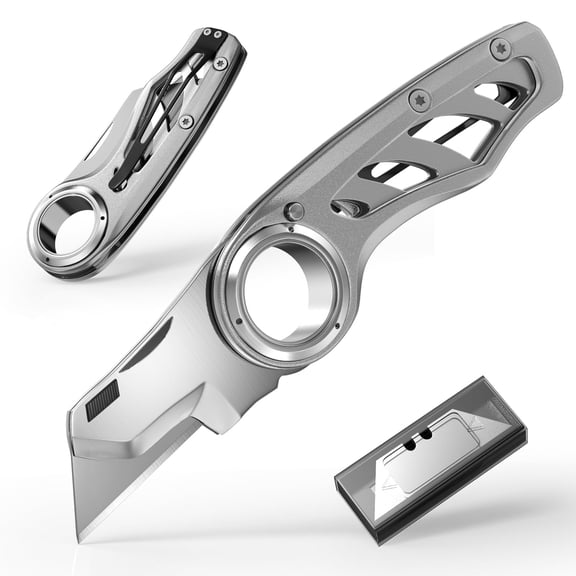 Folding Utility Knife Pocket Knife, Heavy-Duty Box Cutter with Aluminum Body, Quick-Change Blades, Anti Slip Finger Loop, Box Cutters for Home, Office, Warehouse, Durable Razor Knife, Box Knife - Gre