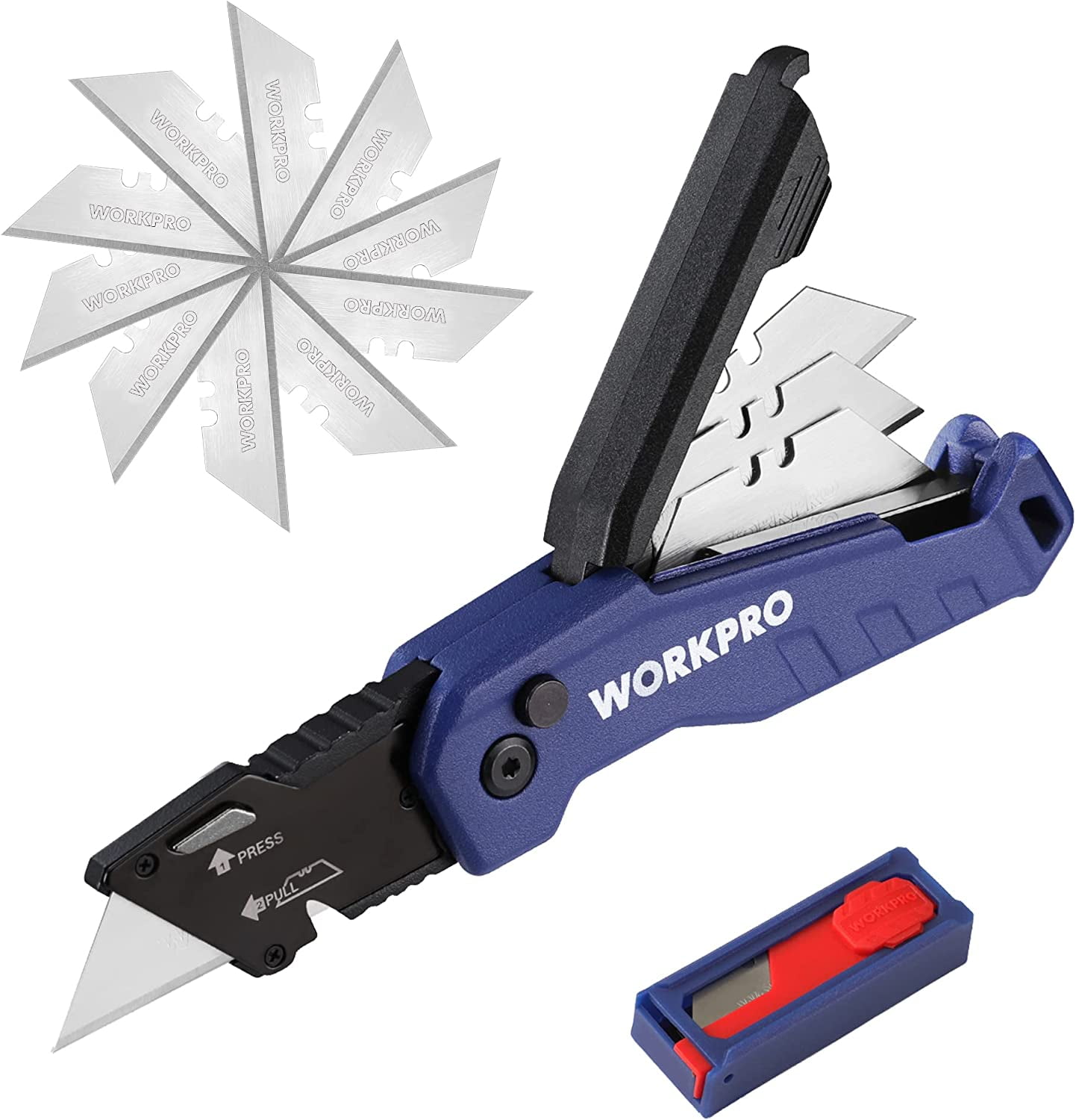 Folding Utility Knife, Quick Change Box Cutter, Razor Knife for Cartons, Cardboard, Boxes, Blade Storage in Aluminum Handle, 13 Extra Blades Included (Blue)