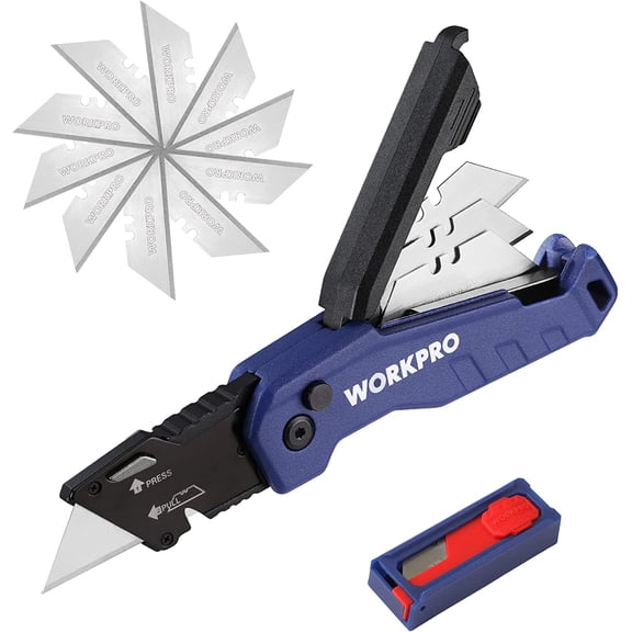 Folding Utility Knife, Quick Change Box Cutter, Razor Knife for Cartons, Cardboard, Boxes, Blade Storage in Aluminum Handle, 13 Extra Blades Included (Blue)