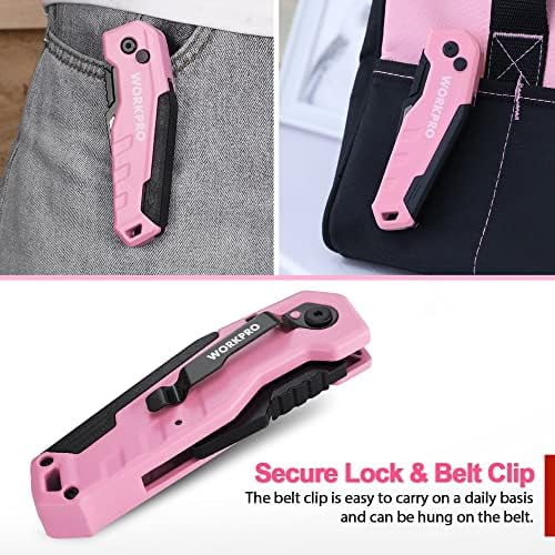 Folding Utility Knife, Quick Change Box Cutter, Razor Knife for Cartons, Cardboard, Boxes, Blade Storage in Aluminum Handle, 13 Extra Blades Included - Pink Ribbon