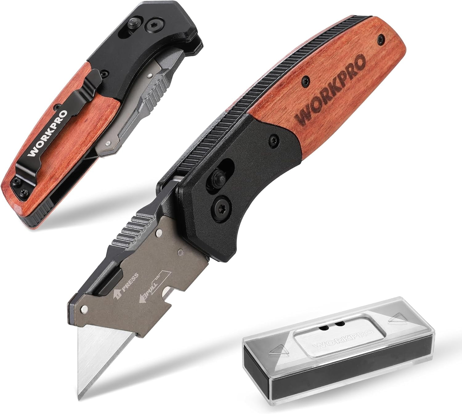 Folding Utility Knife, Razor Blade Knife with Axis Lock, Quick Change Box Cutter, EDC Wood Handle Foldable Pocket Cutter, Extra 10PC 5 Blades Included