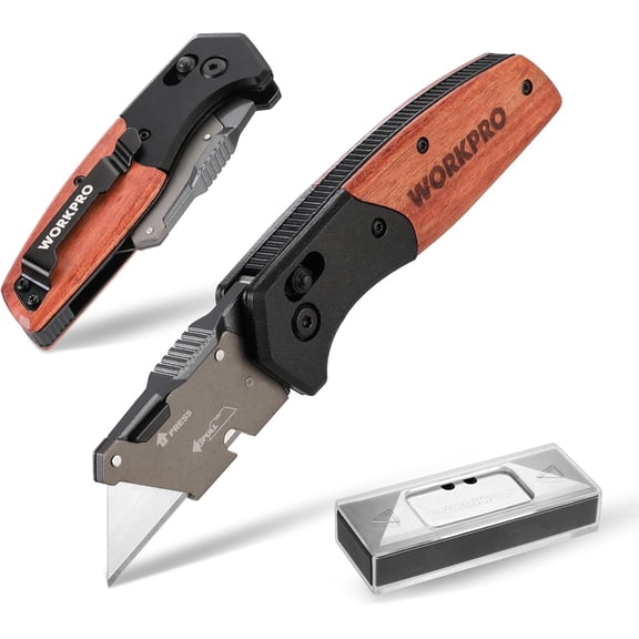 Folding Utility Knife, Razor Blade Knife with Axis Lock, Quick Change Box Cutter, EDC Wood Handle Foldable Pocket Cutter, Extra 10PC 5 Blades Included