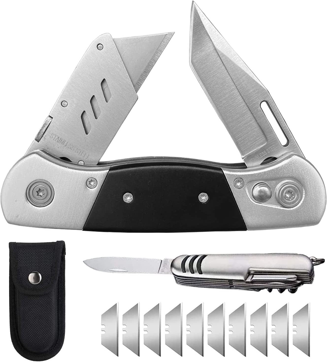Folding Utility Knife with Sheath and 10 Razor Blades, Heavy Duty Box Cutter Knife with Dual Blades, Construction Knifes Electrician Knife for Carpet Cardboard Work, Pocket Knives Set Gift for Men