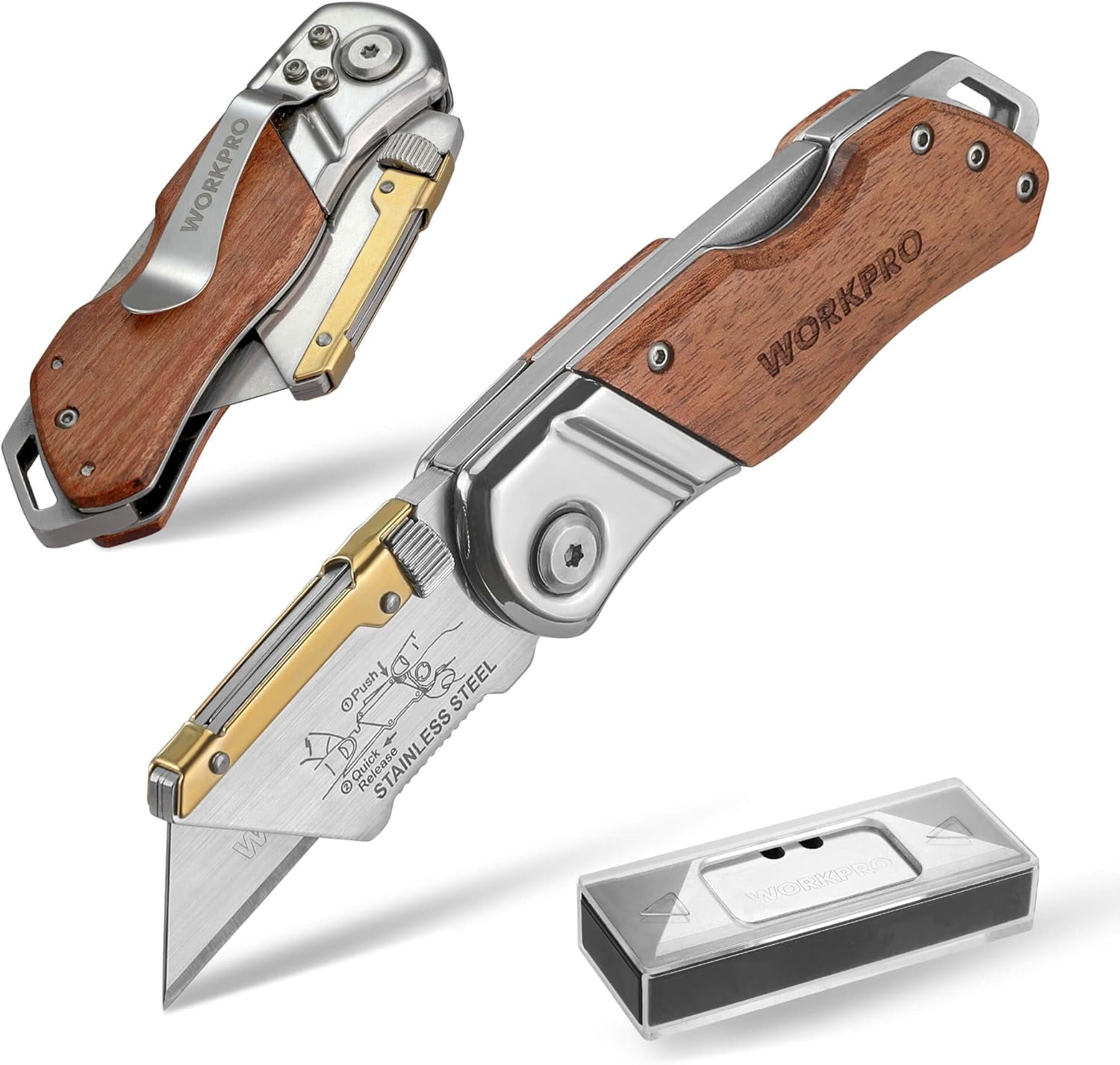 Folding Utility Knife with Belt Clip and Extra 10-piece Blades, Wood Handle Heavy Duty Cutter, Quick-change & Back Lock