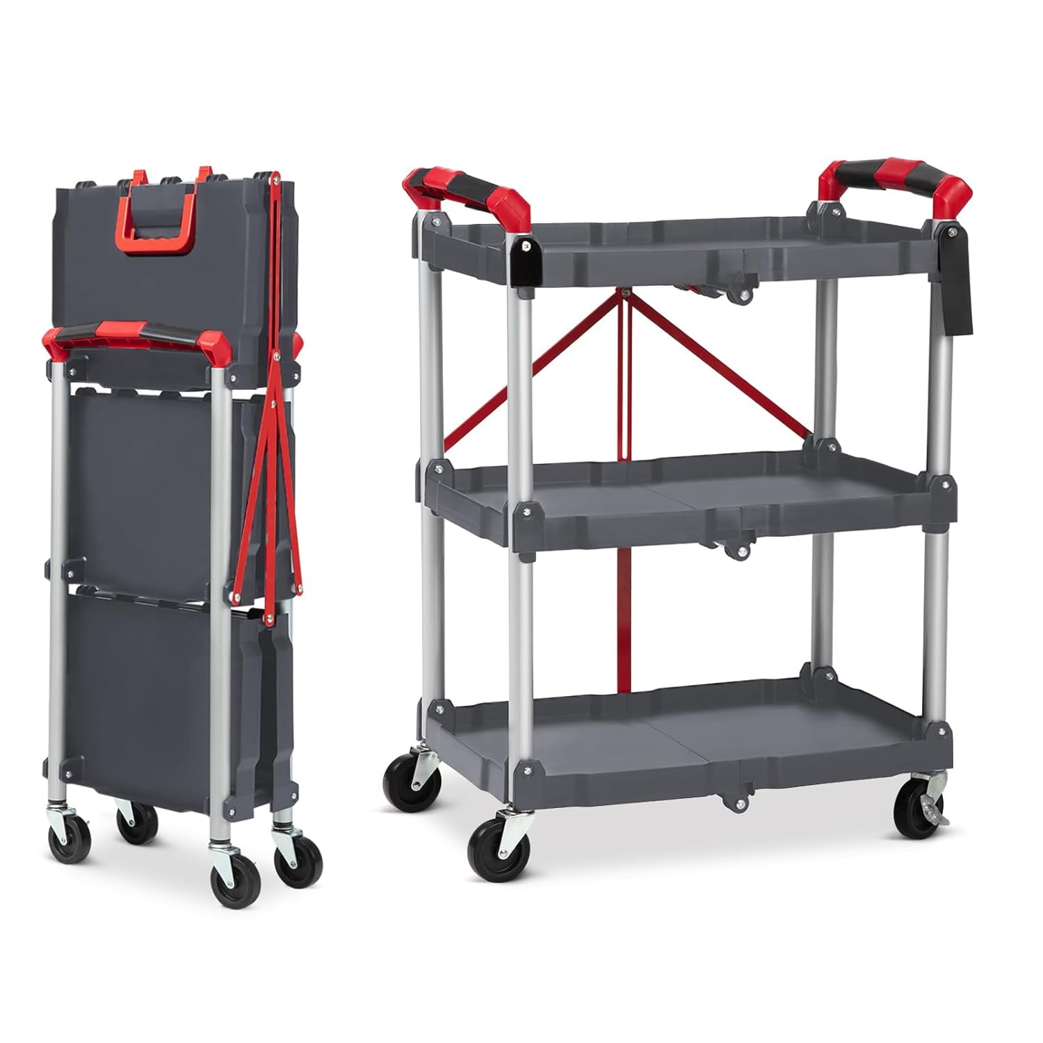 Folding Utility Service Cart, Collapsible Cart with Wheels, 3 Tier Rolling Utility Cart, Folding Cart with Wheels Collapsible, Service Cart for Tool, Grocery, Kitchen, Office