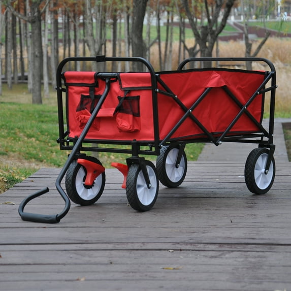 Folding Utility Wagon Cart, Beach Wagon with Big Wheels for Sand, Collapsible Wagon, Grocery Cart Red