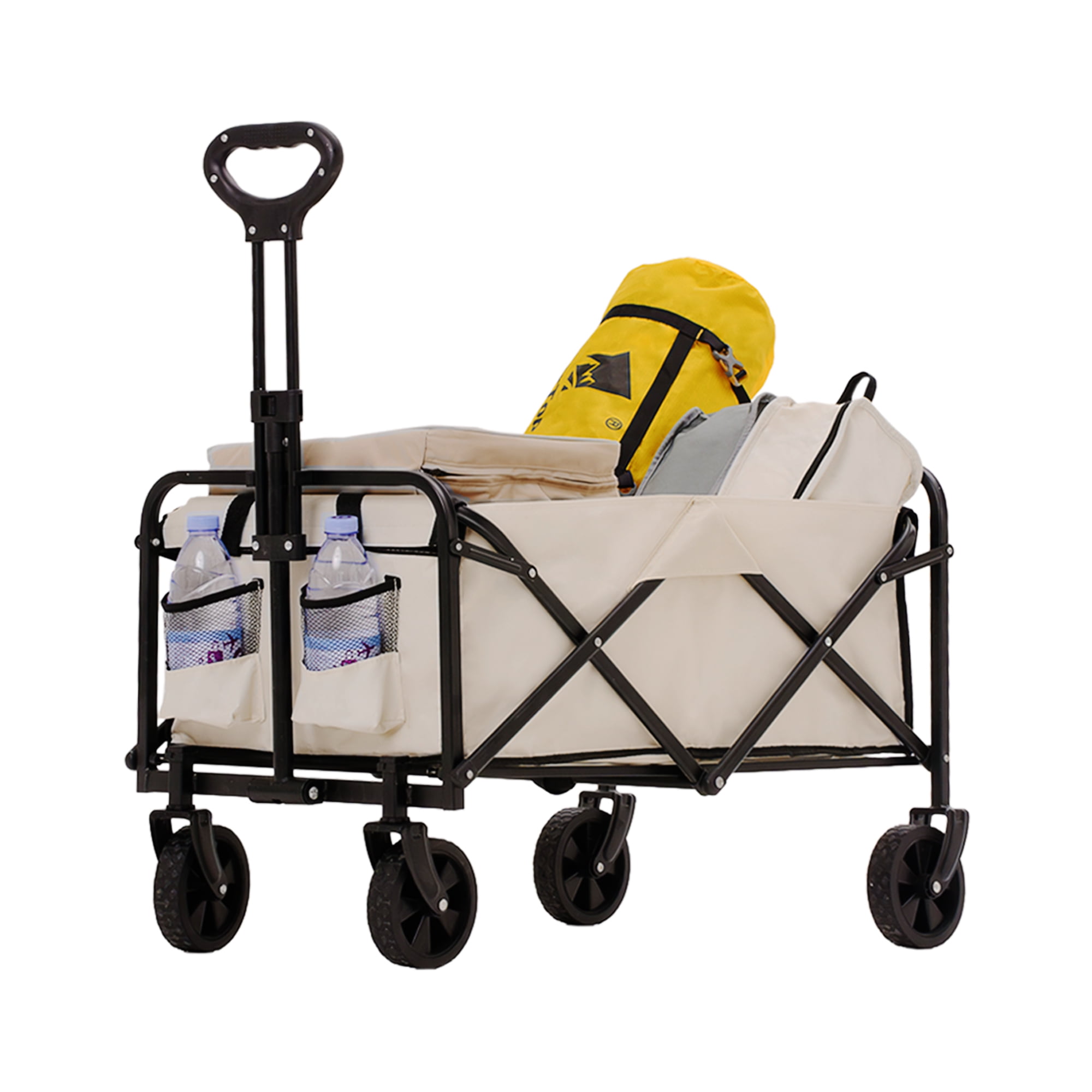 Folding Utility Wagon, Collapsible Outdoor Wagon Cart for Camping, Gardening, Picnic, Beach, Beige