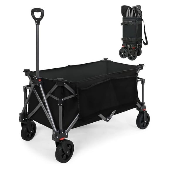 Folding Utility Wagon, Heavy Duty Collapsible Garden Cart with Cup Holders - Sports, Camping, Beach, Grocery - 330 lbs Capacity, Black