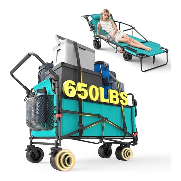 Folding Wagon 2-in-1, 650lb Heavy Duty Collapsible Cart, All-Terrain Wheels w/Brakes, Side Pockets - Azure Blue