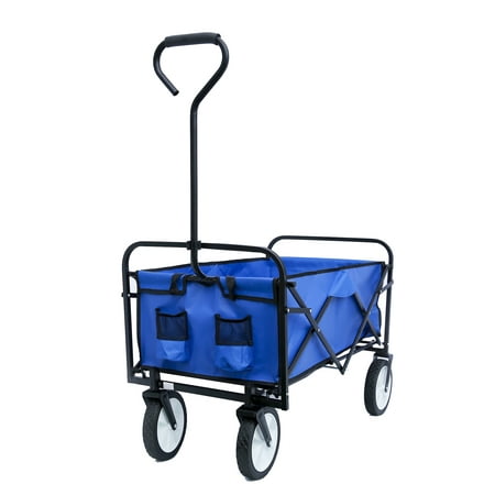 Folding Wagon, Beach Carts with Big Wheels, Heavy Duty Steel Frame Shopping Cart, 600D Oxford Cloth Collapsible Utility Wagon with 2 Mesh Cup Holders for Garden Shopping Picnic Beach, Blue, Q3807