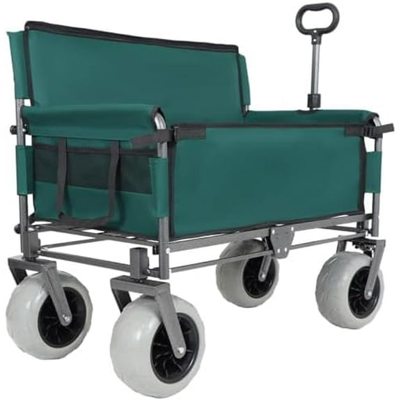 Folding Wagon with Bench Seat & 500lbs Capacity - 3-in-1 Collapsible Utility Cart with 9"x4" All-Terrain Beach Tires for Camping, Beach, Groceries, Outdoor (Green)