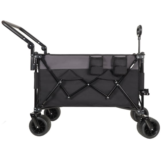 Folding Wagon Cart 360 Wheels with Brake Adjustable Handle Steel Utility Cart with Cup Holders & Pockets for Camping Grocery Black & Gray