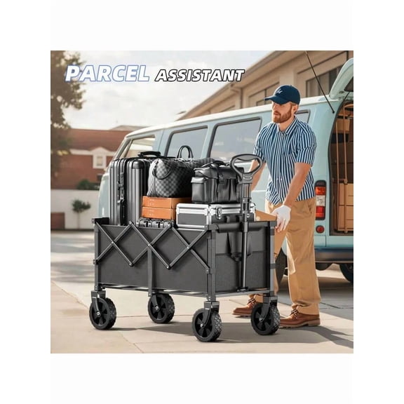 Folding Wagon Cart with 660lb Ultra Large Capacity, Heavy-Duty Camping Cart for All Terrain, Portable Utility Handcart for Gardening, Beach, and Shopping, Black