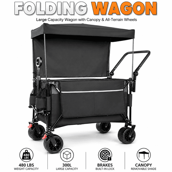 Folding Wagon Cart with Canopy and Push-Pull Handle, 300l Extra Large Capacity Heavy Duty Utility Cart, 480lbs Load,7''x4' All-Terrain Wheels with Brakes for Camping,, Garden and Groceries, Black
