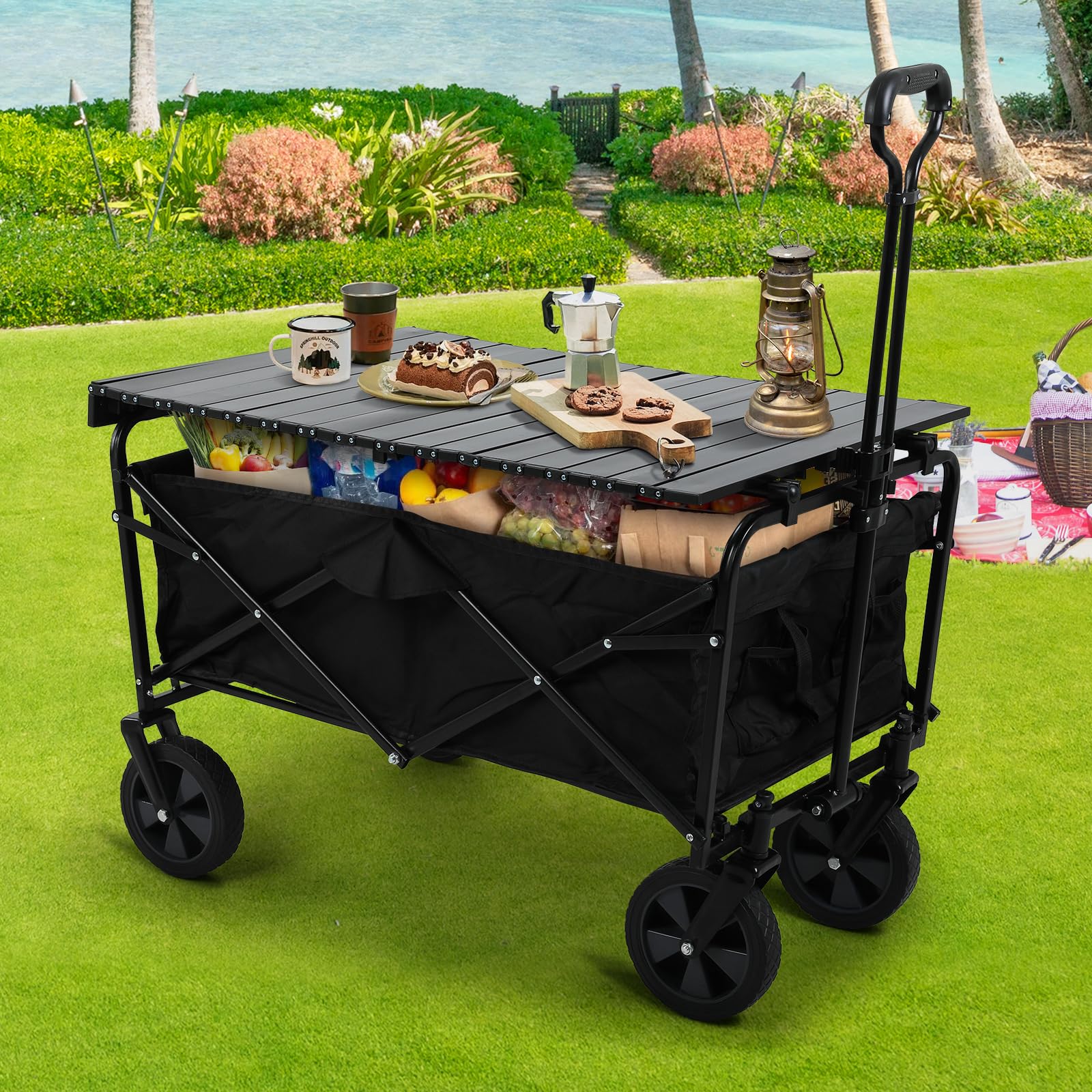 QRInnovations Green Heavy Duty Swivel Wagon Cart – Collapsible Folding Wagon For Garden, Beach, Outdoor – 150 Lb Capacity
