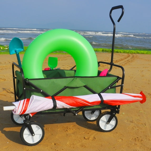 Folding Wagon Cart, Heavy Duty Collapsible Utility Wagon, Beach Wagon with Drinking Holder, Utility Wagon for Patio Camping Garden Beach Shopping, 150 lbs Capacity, JA2054