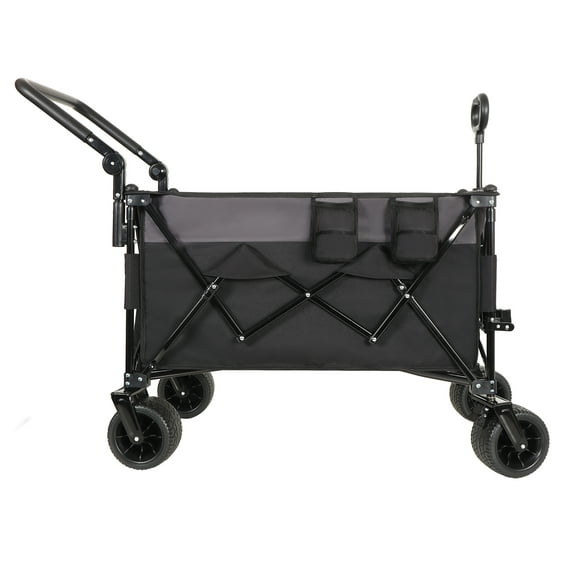 Folding Wagon Cart - Heavy Duty Push Pull Wagon with 360° Wheels & Rotating Handle - Large Capacity Outdoor Utility Wagon for Groceries, Beach, Camping - Black/Gray