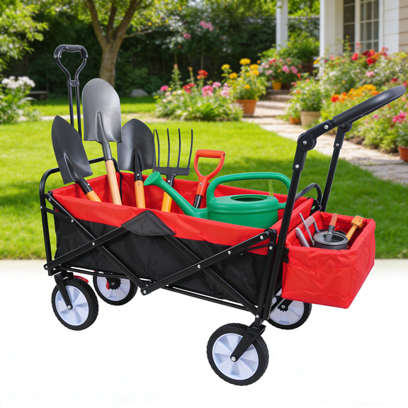 Folding Wagon Cart - Heavy Duty Rolling Garden Cart with Drink Holder, Adjustable Handles (Black+Red), Enjoy lightly