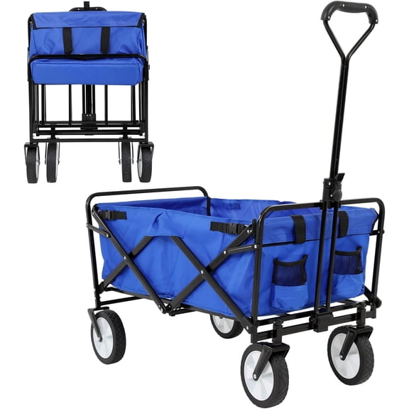 Folding Wagon Cart Portable Collapsible Beach Wagon Cart Outdoor Sports Wagon Camping Wagon Heavy Duty Utility Cart with Adjustable Handle for Grocery, Garden, Beach, Sport, Shop, Camping(Blue)
