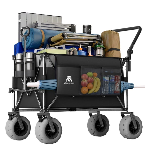 Folding Wagon Cart with Push-Pull Rotating Handle and 9x4 All-Terrain Beach Tires, Steel Frame, 48 in Long, for Camping, Groceries, and Outdoor Transport