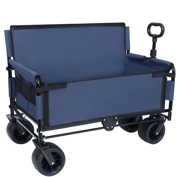 Folding Wagon Cart with Bench Seat - 500lbs Capacity, 180L All-Terrain Utility Wagon for Camping, Beach, Garden, Dark Blue