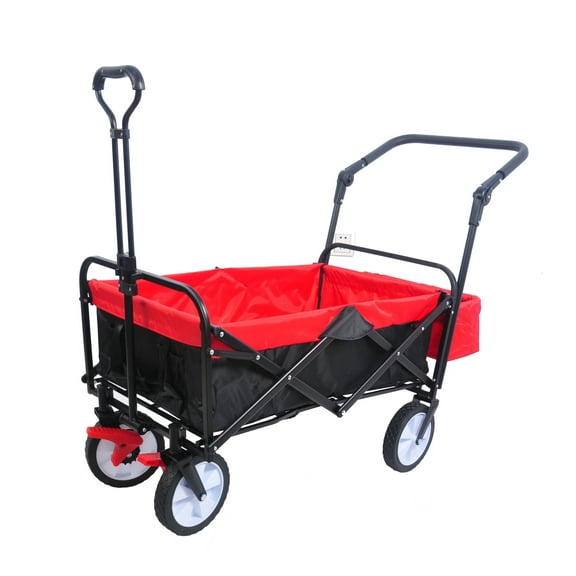Folding Wagon Collapsible Utility Cart, Heavy Duty Garden Portable Hand Cart with Drink Holder, Adjustable Handles, Outdoor Camping Beach Wagon (Black+Red)