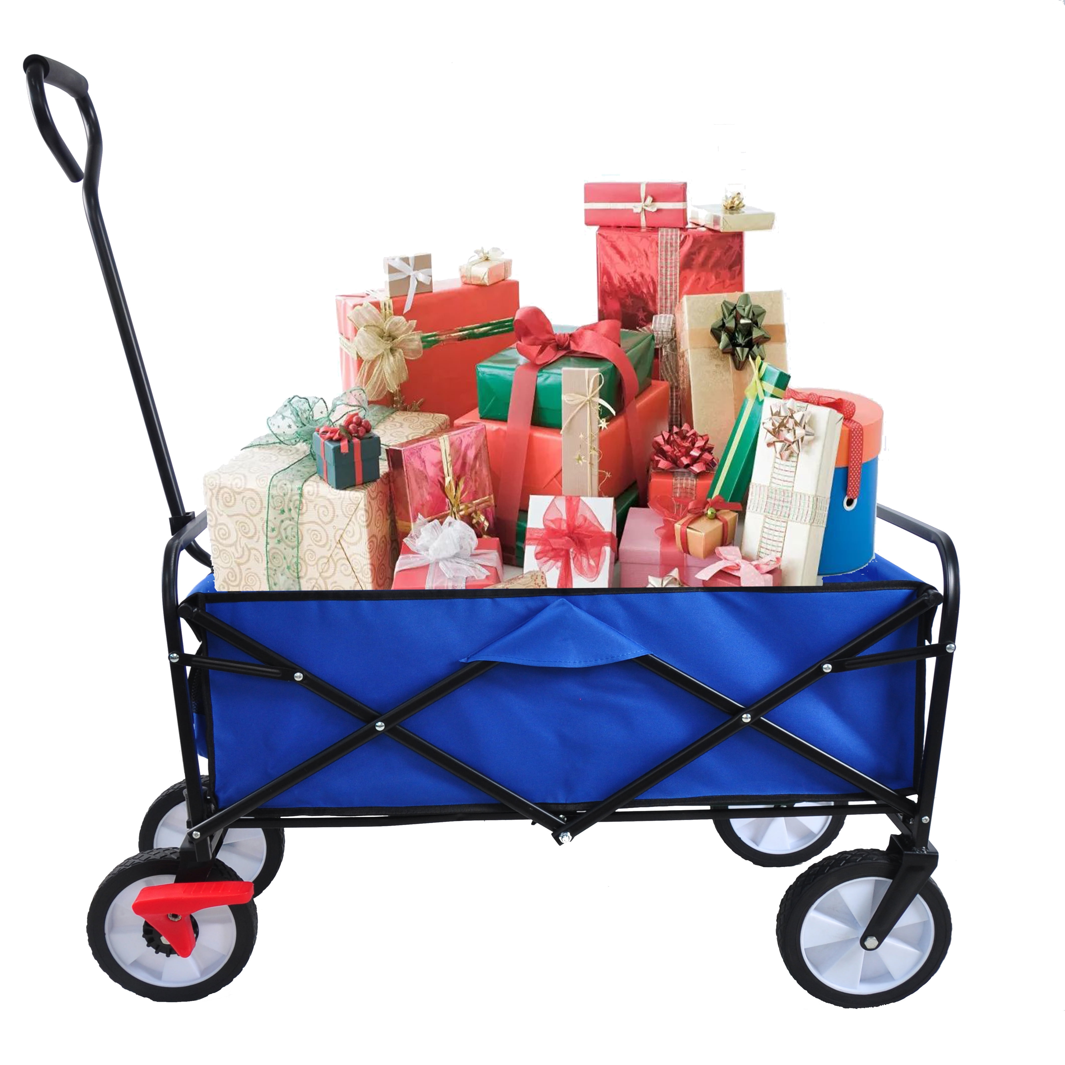 Blue Fabric Folding Wagon with Metal Handle and Flat-Free Tires