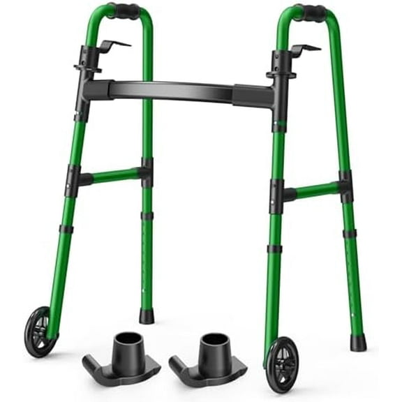Folding Walker with 2 Skis and 5" Wheels, Lightweight Walkers for Seniors and Adults, Supports Up to 350 Pounds, Adjustable Height, Compact Standard Walker, Green