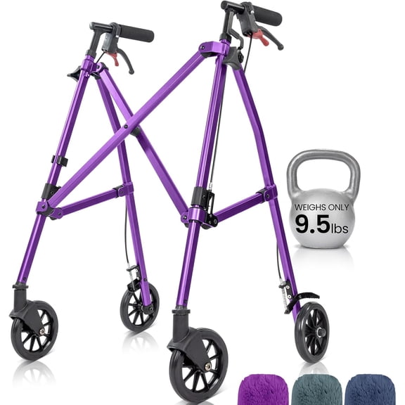 Folding Walker Standard Walker with 4 Wheels 4 Royal Purple Aluminum Frame, Ultra-Light 9.5 lb, Supports 300 lb, Narrow Foldable Design for Small Spaces