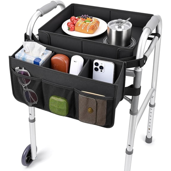 Folding Walker Tray with Cup Holder & Front Pockets, Anti-Slip Dining Tray for Rolling Walkers