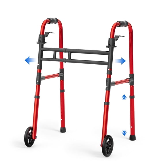 Loyoda Folding Walker for Adult, Lightweight Adjustable Height Walker with 5"-Wheels, Red