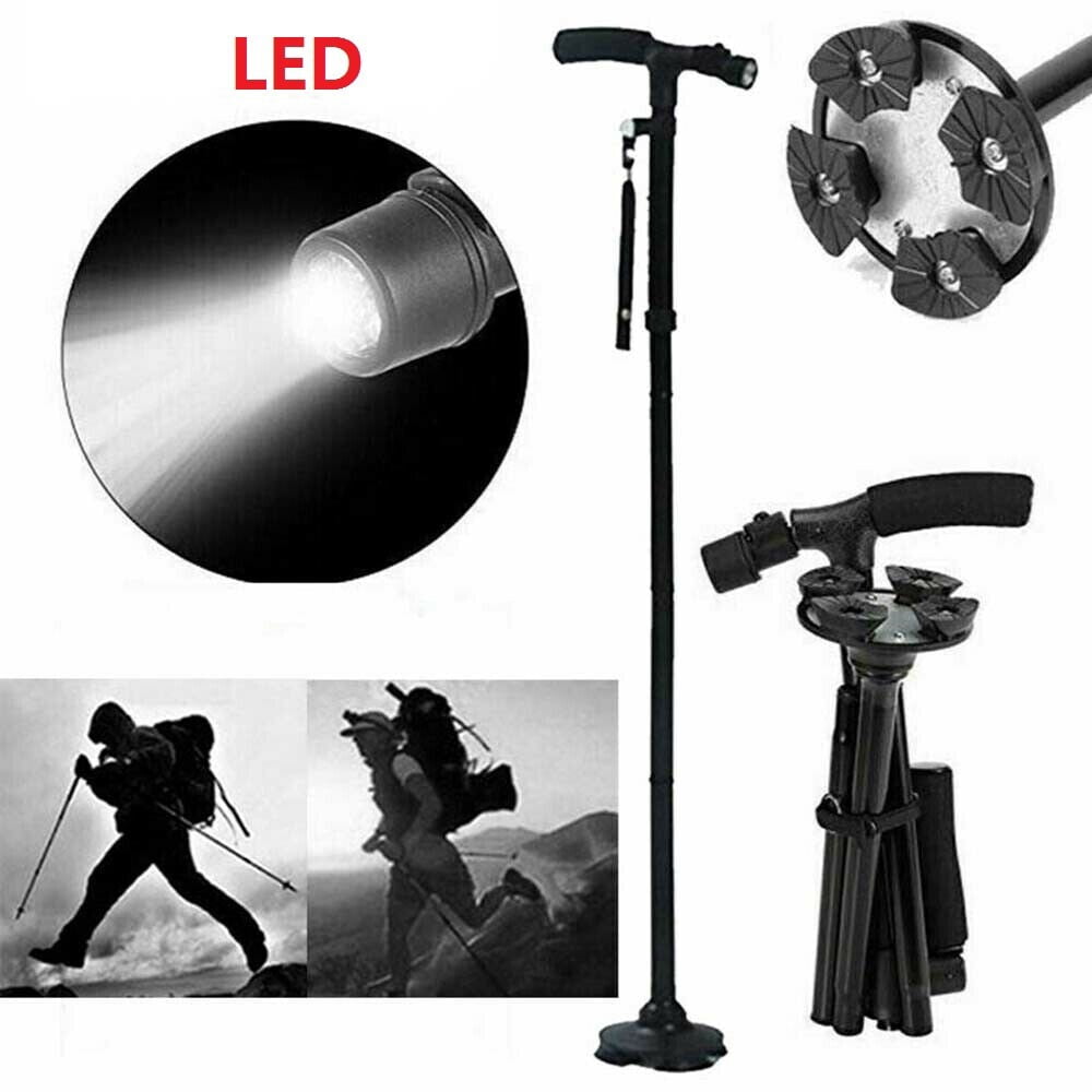 Folding Walking Cane with 6 LED Lights, 5-Level Height Adjustable, 360° Anti-Slip Pivoting Base, Lightweight Aluminum Alloy T-Handle Walking Stick for Elderly