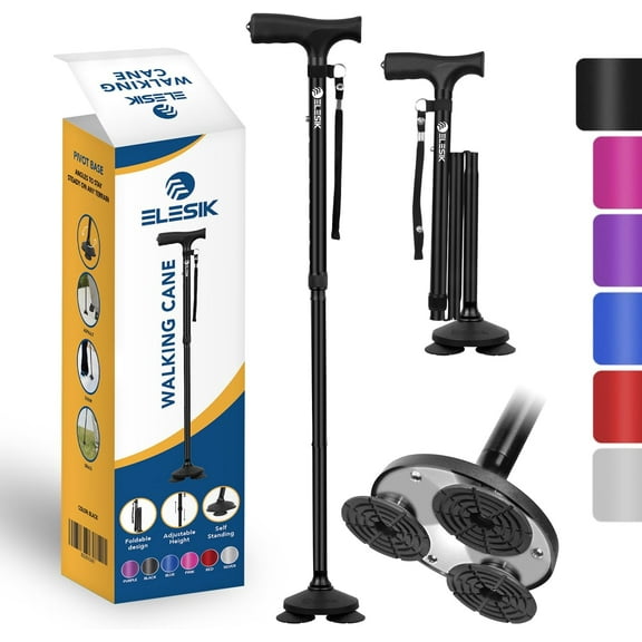 Folding Walking Cane - Adjustable, Heavy Duty with T Handle & Pivot Base, Nylon Strap for Women & Men