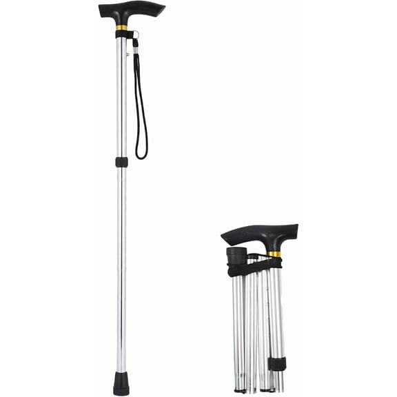 Folding Walking Cane with Adjustable Height, Lightweight Aluminum Collapsible Walking Stick with Wrist Strap for Travel and Outdoor Walks, Folds Down to 10.6 Inch