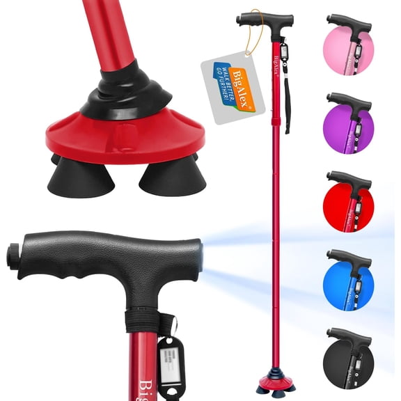 Folding Walking Cane with LED Light,Pivoting Quad Base,Adjustable Walking Stick with Carrying Bag for Man/Woman (Alloy Base)