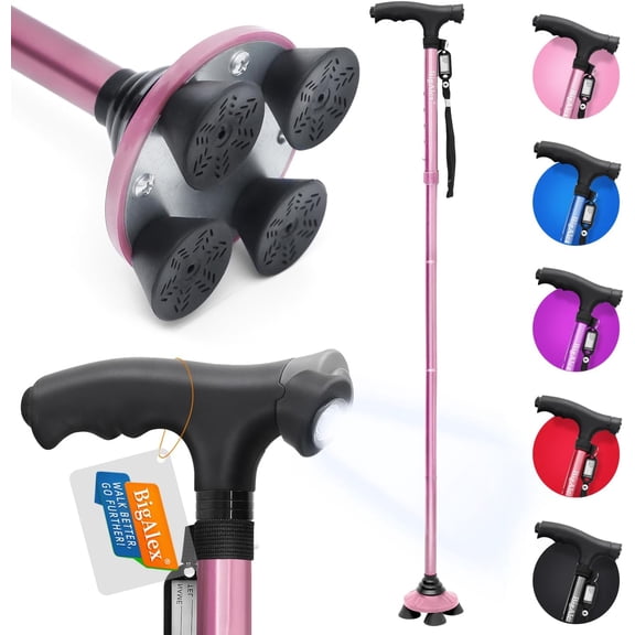Folding Walking Cane with LED Light,Pivoting Quad Base,Adjustable Walking Stick with Carrying Bag for Man/Woman (Alloy Base)