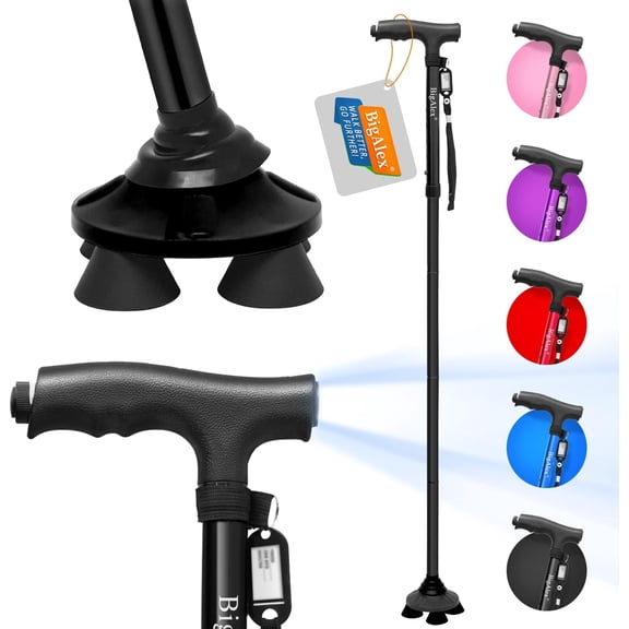 Folding Walking Cane with LED Light,Pivoting Quad Base,Adjustable Walking Stick with Carrying Bag for Men/Women