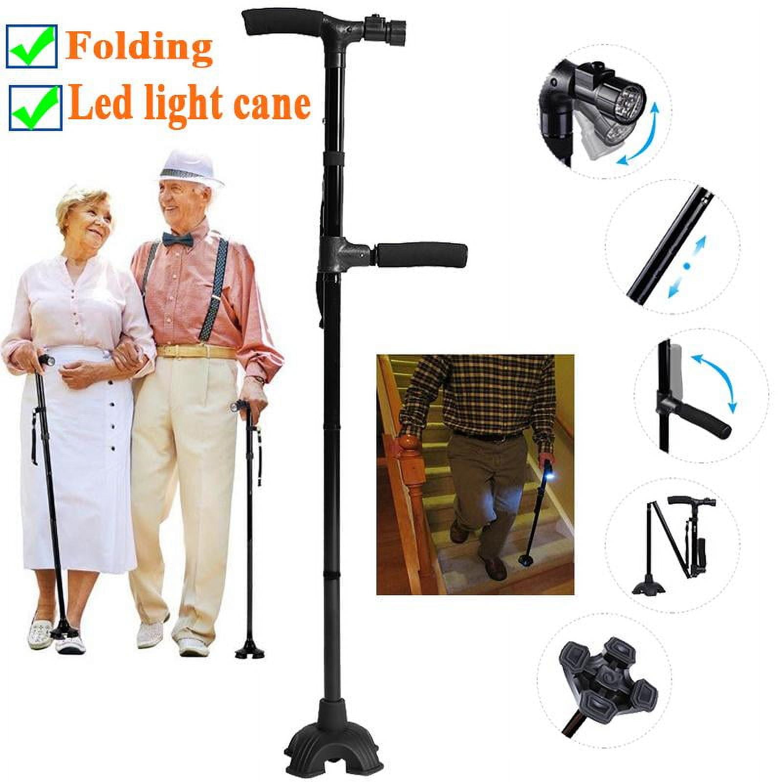 Folding Walking Cane with LED Light,Pivoting Quad Base,Adjustable