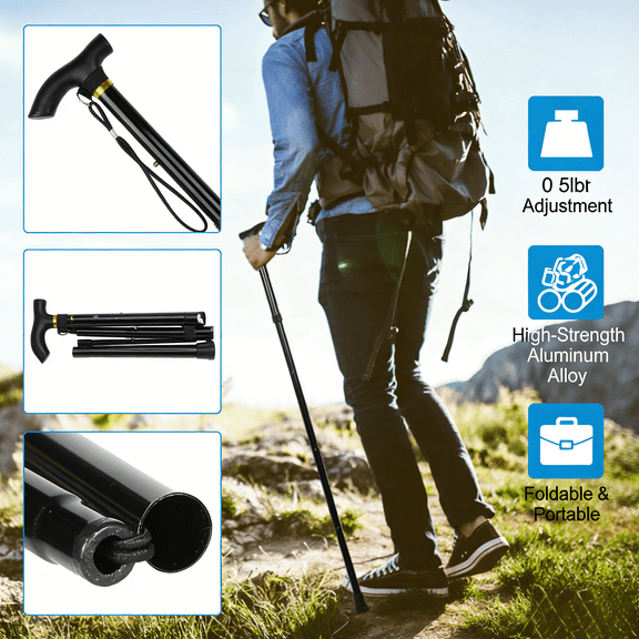 Folding Walking Canes Collapsible Trekking Pole Adjustable Height Portable Stick Tall Aluminum Alloy Lightweight Travel Hiking Staff Anti Slip Grip Men Women Seniors Ergonomic Handle Anti Slip