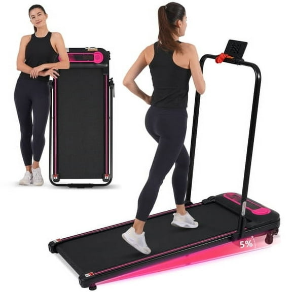 Folding Walking Pad Under Desk Treadmill, 2.5HP Quiet Motor, 300 lbs Capacity, 2-in-1 Incline Treadmill with Remote & Armrest Control, LED Display, No Installation, Pink+Black for Home Office