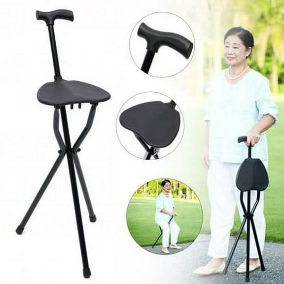 Folding Walking Stick with Seat Cane Portable Travel Hiking Chair Stool Tripod
