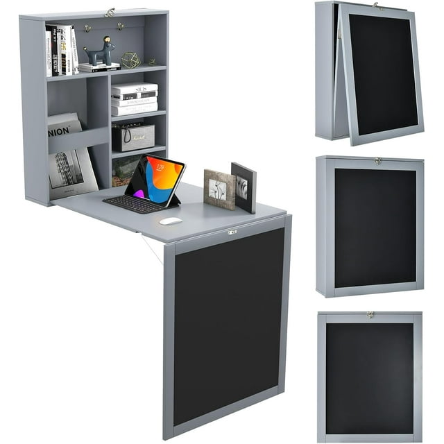 Folding Wall Desk, Wall Mounted Fold Out Desk with Storage Shelves & Hooks, Hideaway Desk Wall Mount with Chalkboard, Floating Corner Desk for Small Spaces (Gray)