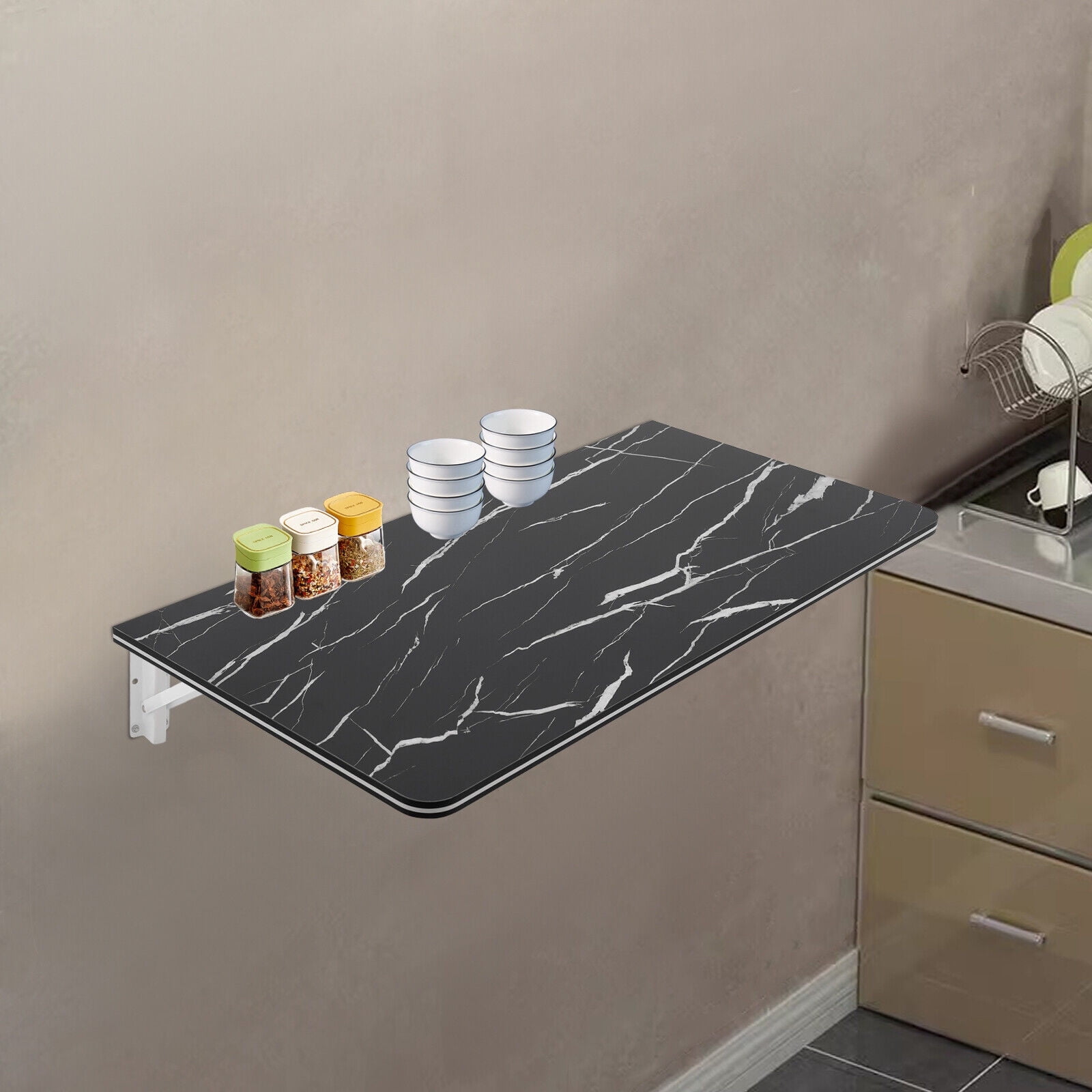 Black Marble Wall-Mounted Folding Desk with Metal Brackets
